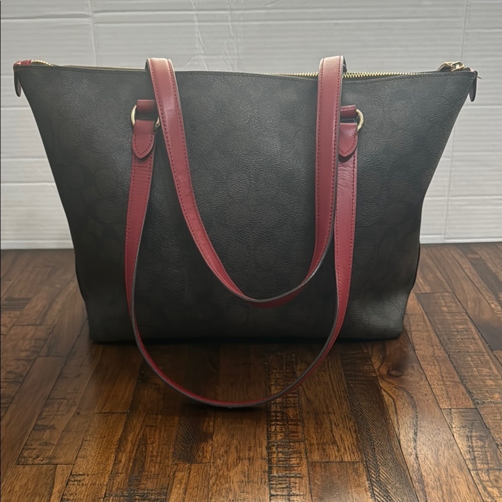 Coach Brown and Red Gallery Tote Bag brown with red handles and accents. - Picture 4 of 16